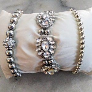 Set of 3 Silver Rhinestone Stretchy Shiny Blingy Bracelets